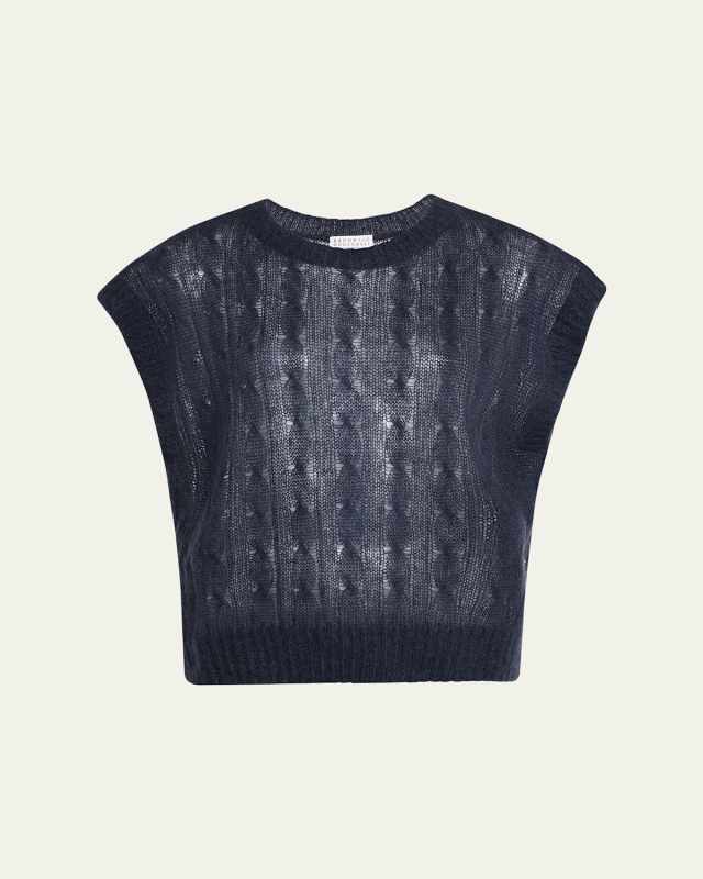 Mohair Cozy Cable-Knit Cap-Sleeve Sweater